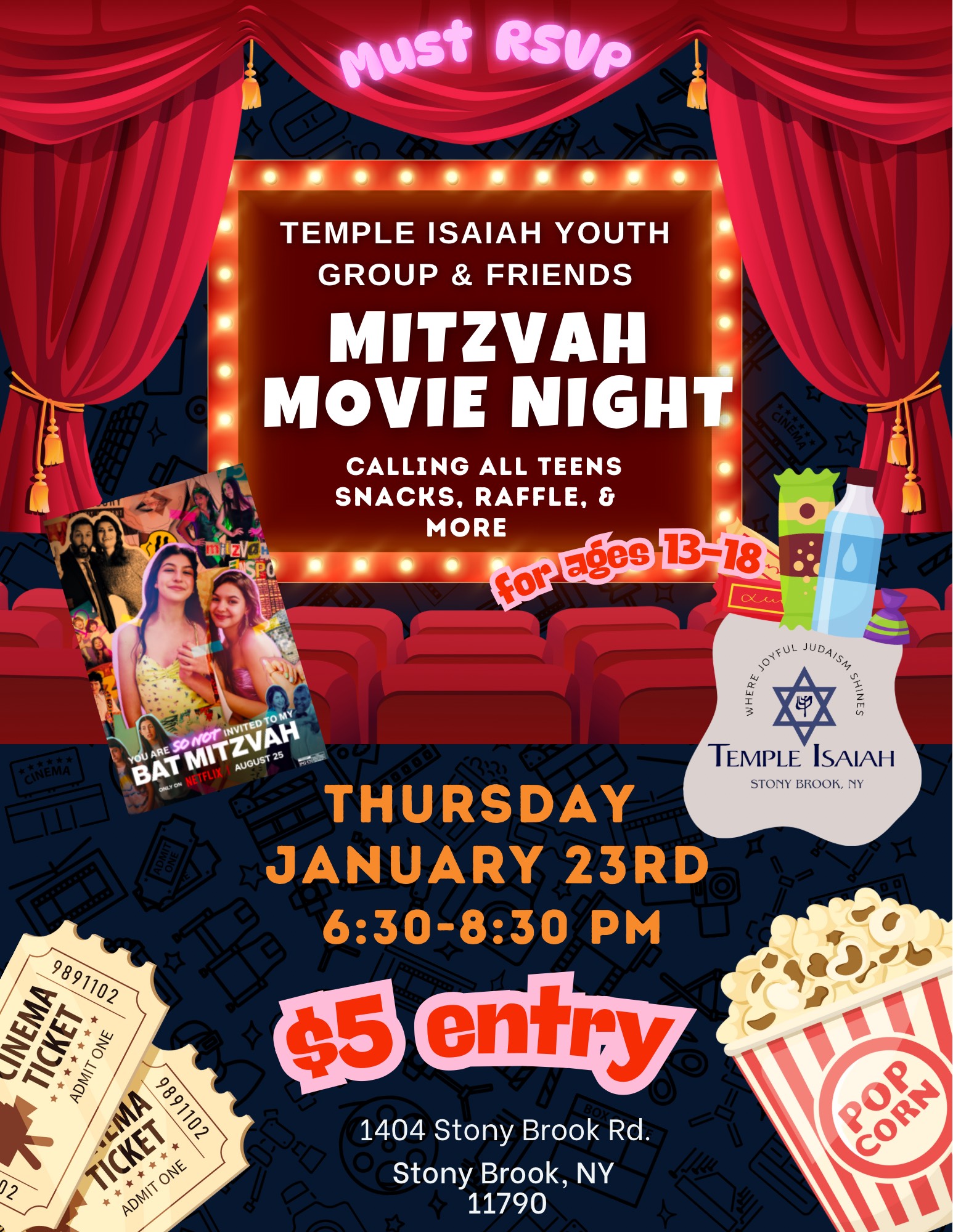 Red And Dark Blue Illustrative Movie Night Invitation Flyer